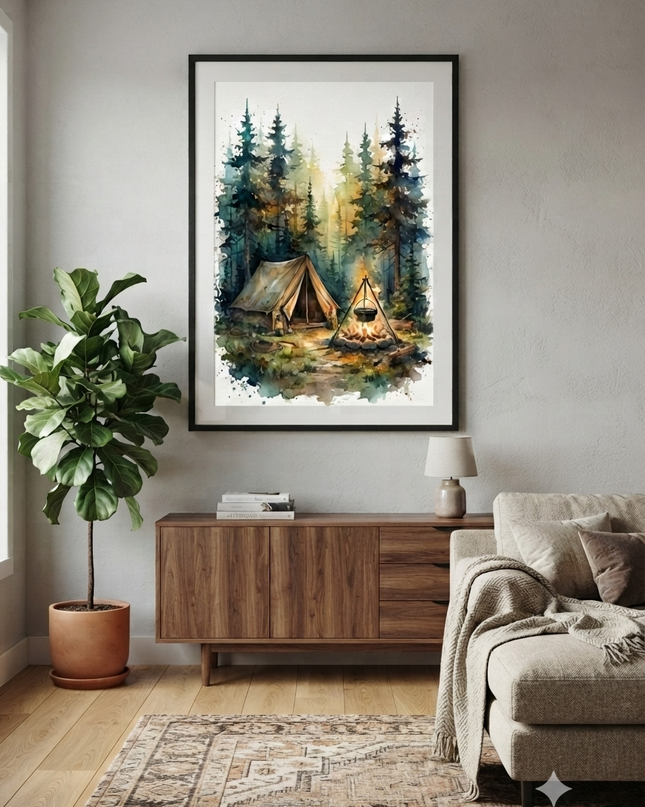 Camping Tent and Campfire Forest Wall Art
