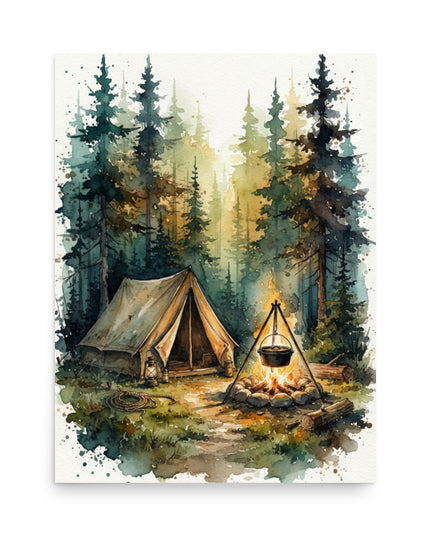 Camping Tent and Campfire Forest Wall Art