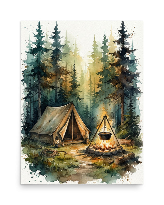 Camping Tent and Campfire Forest Wall Art