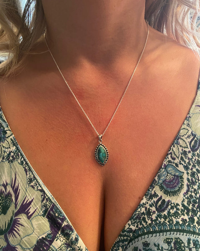 Sterling Silver Oxidized 25mm Genuine Turquoise Stone Pendant - FREE SHIPPING