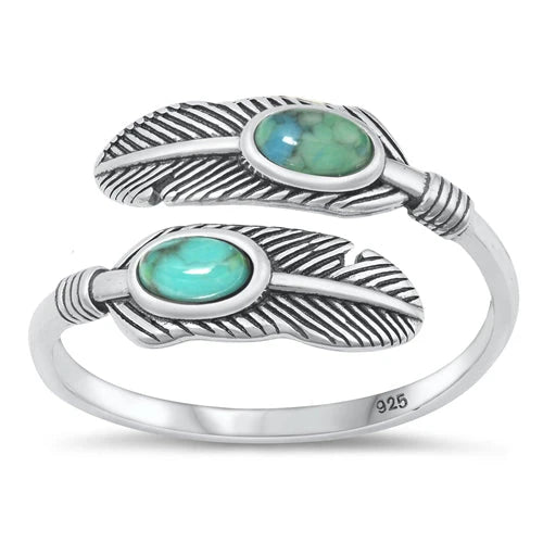 Sterling Silver Oxidized Genuine Turquoise Feather Ring - FREE SHIPPING