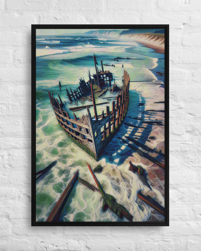 Ship Wreck on the Oregon Coast - Digital Art - Framed canvas