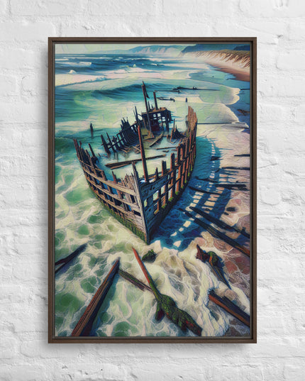 Ship Wreck on the Oregon Coast - Digital Art - Framed canvas