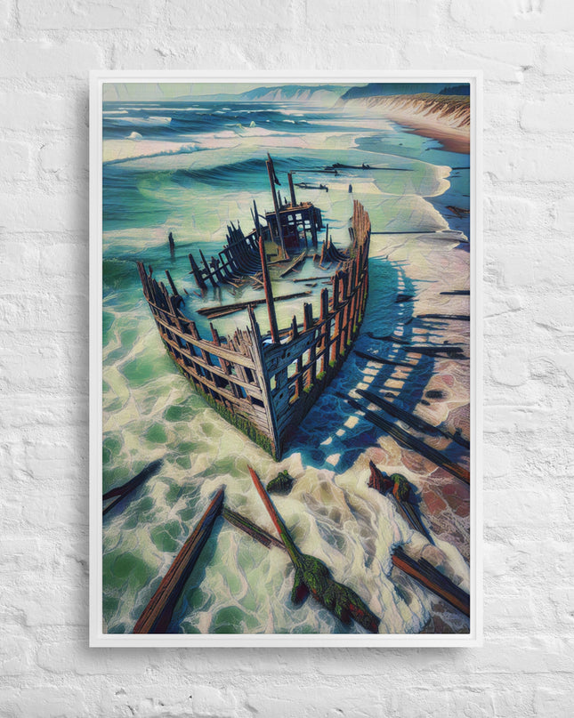 Ship Wreck on the Oregon Coast - Digital Art - Framed canvas